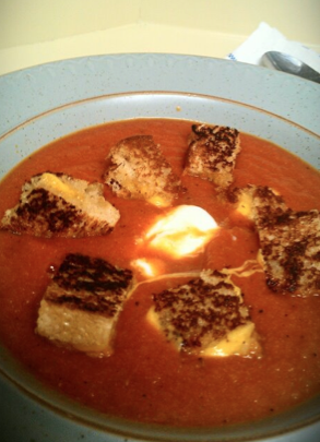 Homemade Tomato Soup with Grilled Cheese Croutons
