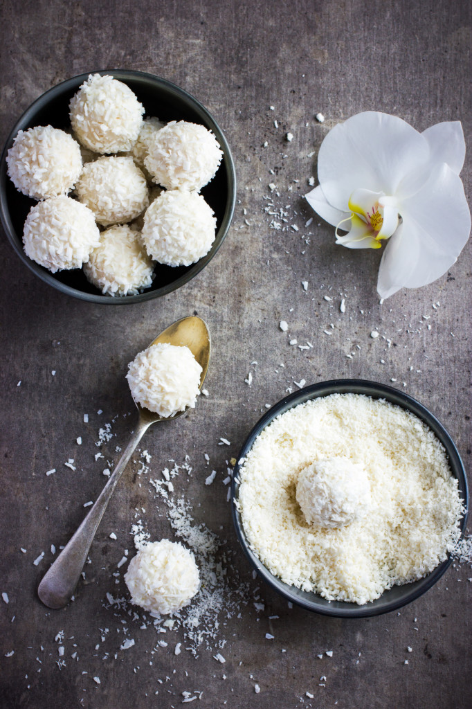 delicious homamade white chocolate and coconut candy balls, top view