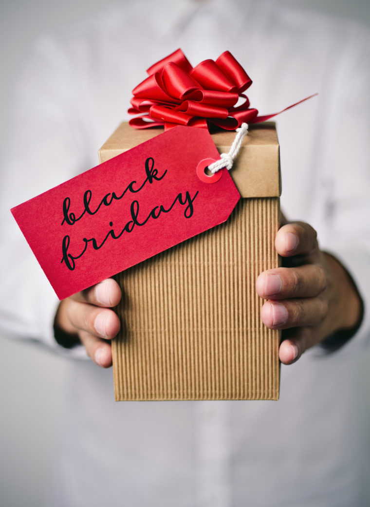 man with a gift box with the text black friday